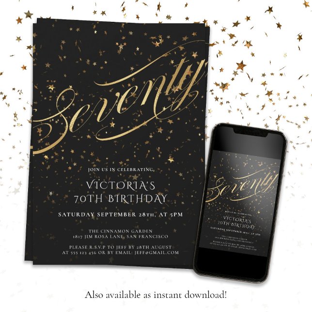Invitación Black Gold Elegant Setenta y Setenta Fiesta de Cum (70th Birthday Glamorous Confetti Black Gold Custom Invitation. Also available as Instant download!)