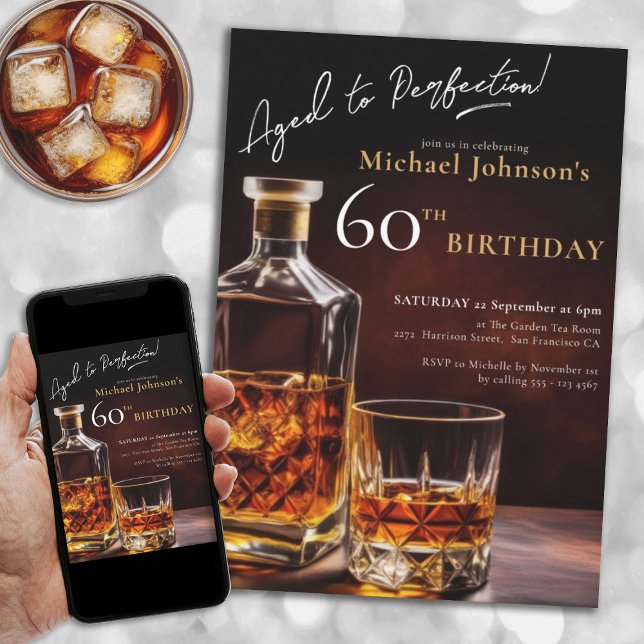 Invitación Black Gold Elegant Whiskey Fiesta de cumpleaños nú (60th Birthday Whiskey Black Gold Elegant Party Invitation)