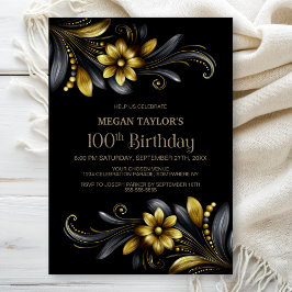 Invitación Black Gold Floral 100th Birthday Party