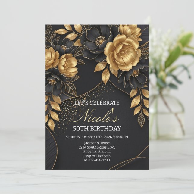 Invitación Black & Gold Floral 50th Birthday (Anverso de pie)