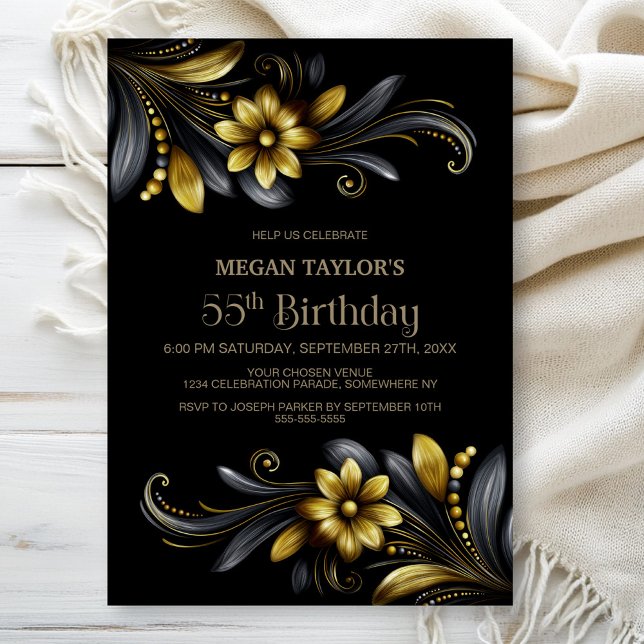Invitación Black Gold Floral 55th Birthday Party (Subido por el creador)