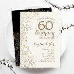 Invitación Black Gold Floral 60th Birthday Party<br><div class="desc">Invitación a la fiesta de cumpleaños número 60 de Black Gold Floral. Diseño moderno minimalista con acentos de dibujos botánicos y tipo de letra de guión tipográfico. Sencilla carta de invitación a la moda, perfecta para una elegante celebración de cumpleaños femenina. Se puede personalizar a cualquier edad. Invitaciones Zazzle impresas...</div>