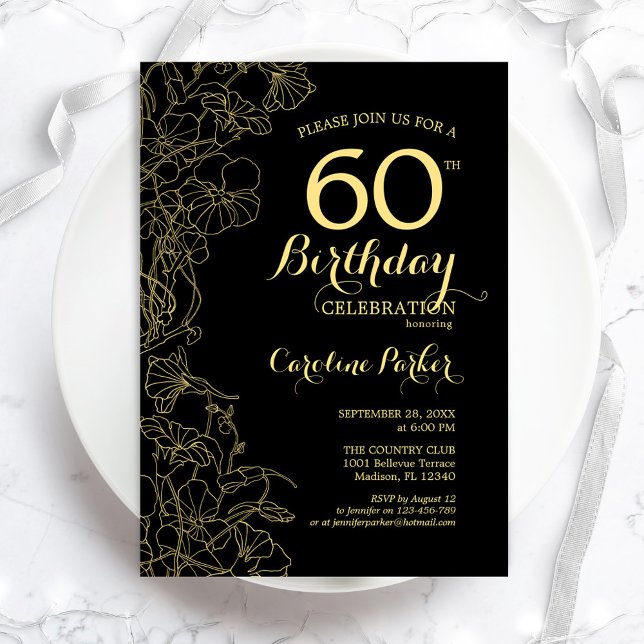 Invitación Black Gold Floral 60th Birthday Party Invitation (Subido por el creador)