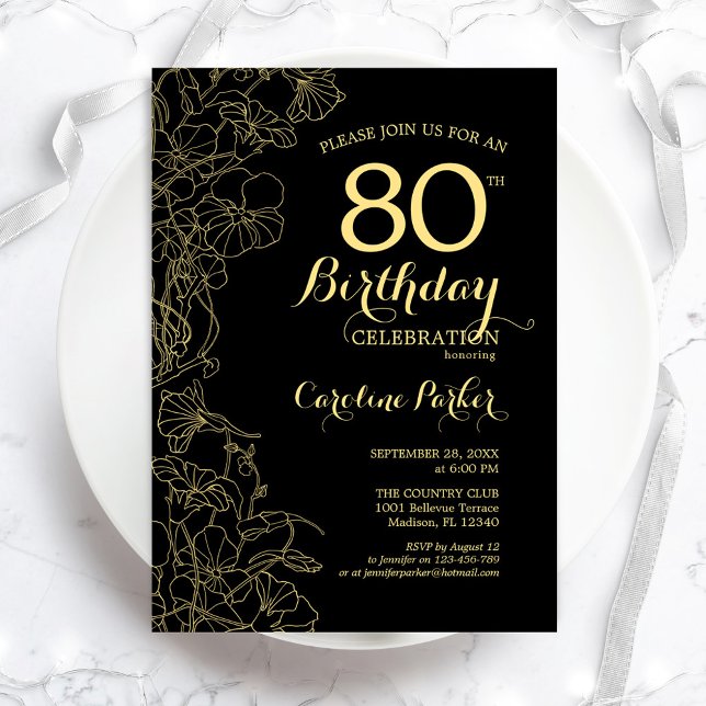 Invitación Black Gold Floral 80th Birthday Party Invitation (Subido por el creador)