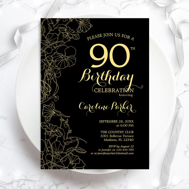 Invitación Black Gold Floral 90 cumpleaños (Subido por el creador)