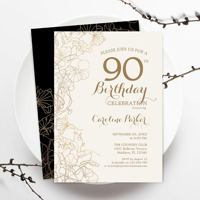 Invitación Black Gold Floral 90 cumpleaños (Subido por el creador)