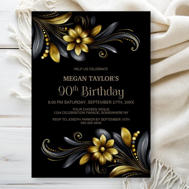 Invitación Black Gold Floral 90th Birthday Party (Subido por el creador)
