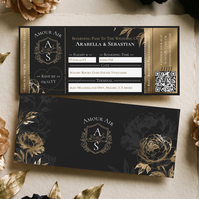 Invitación Black Gold Floral Boarding Plane Ticket Wedding (Black Gold Floral Boarding Plane Ticket Wedding Invitation)