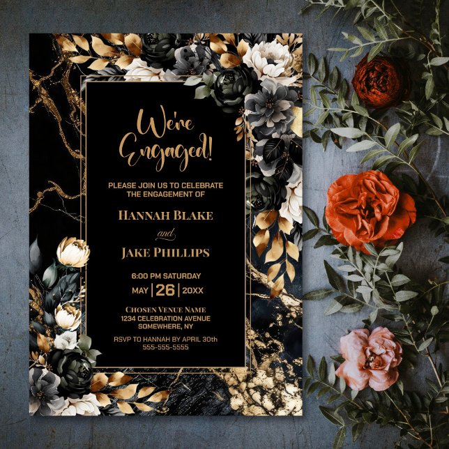 Invitación Black Gold Floral Engagement Party (Subido por el creador)