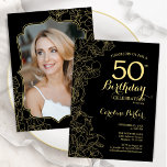 Invitación Black Gold Floral Foto 50 cumpleaños<br><div class="desc">Invitación a la fiesta de cumpleaños número 50 de la floral de oro negro con tu foto al fondo de la tarjeta. Diseño moderno minimalista con dibujos botánicos de contorno acentos, Relieve metalizado de oro falso y tipo de letra de escritura tipográfica. Sencilla carta de invitación a la moda, perfecta...</div>