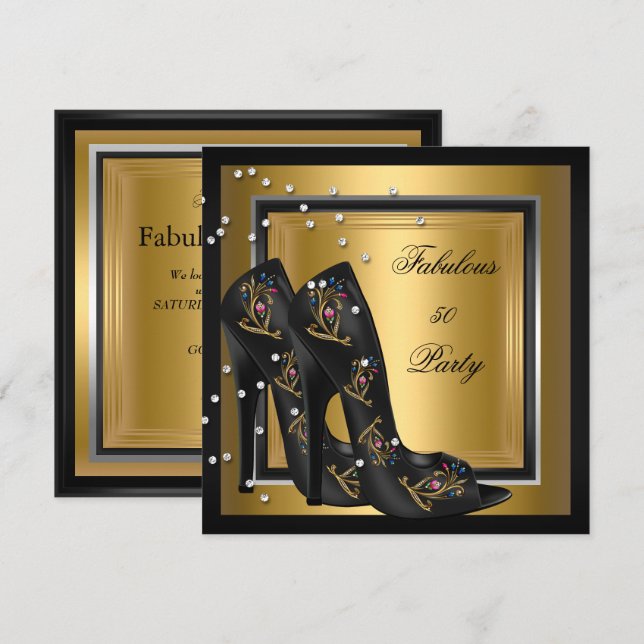 Invitación Black Gold Floral High Heels Mujeres Fiesta de Cum (Anverso / Reverso)