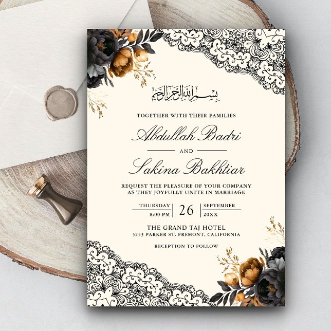 Invitación Black Gold Floral Lace Cream Muslim Boda (Subido por el creador)
