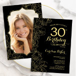 Invitación Black Gold Floral Photo 30th Birthday Fiesta<br><div class="desc">Invitación a la fiesta de cumpleaños número 30 de la floral de oro negro con tu foto al fondo de la tarjeta. Diseño moderno minimalista con dibujos botánicos de contorno acentos, Relieve metalizado de oro falso y tipo de letra de escritura tipográfica. Sencilla carta de invitación a la moda, perfecta...</div>