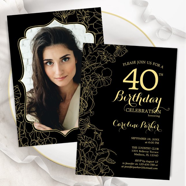 Invitación Black Gold Floral Photo 40th Birthday Fiesta (Subido por el creador)