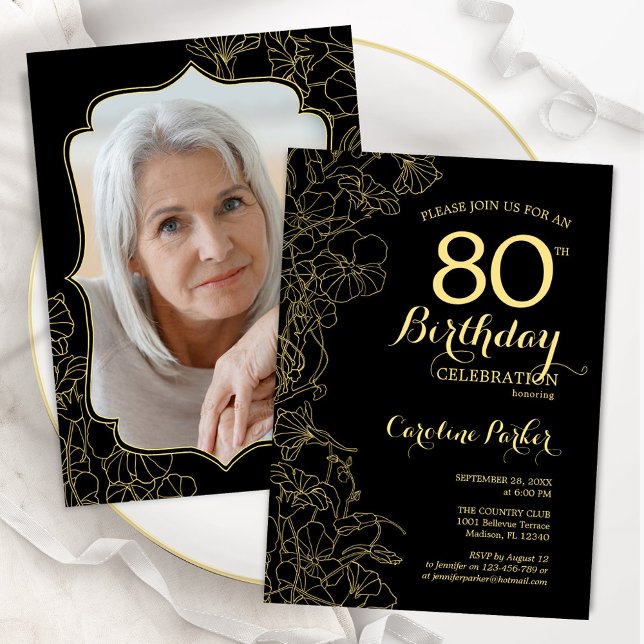 Invitación Black Gold Floral Photo 80th Birthday Party (Subido por el creador)
