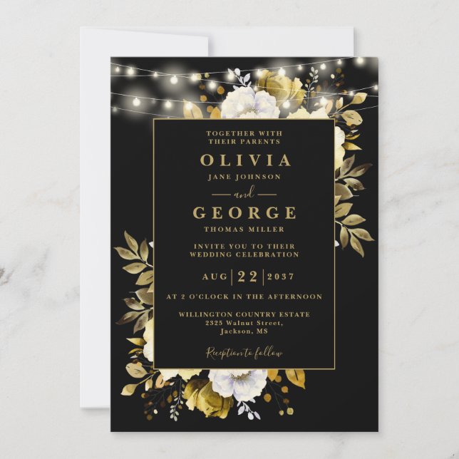 Invitación Black Gold Floral String Lights QR Code Boda (Anverso)