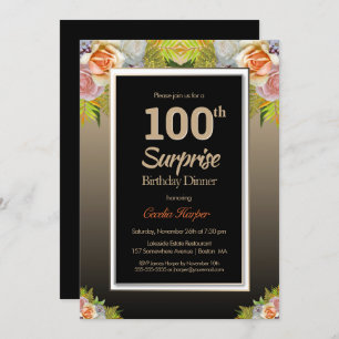 Invitación Black Gold Floral Surprise 100th Birthday Dinner