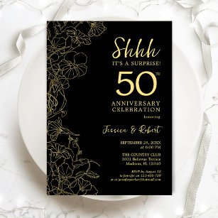 Invitación Black Gold Floral Surprise 50º aniversario