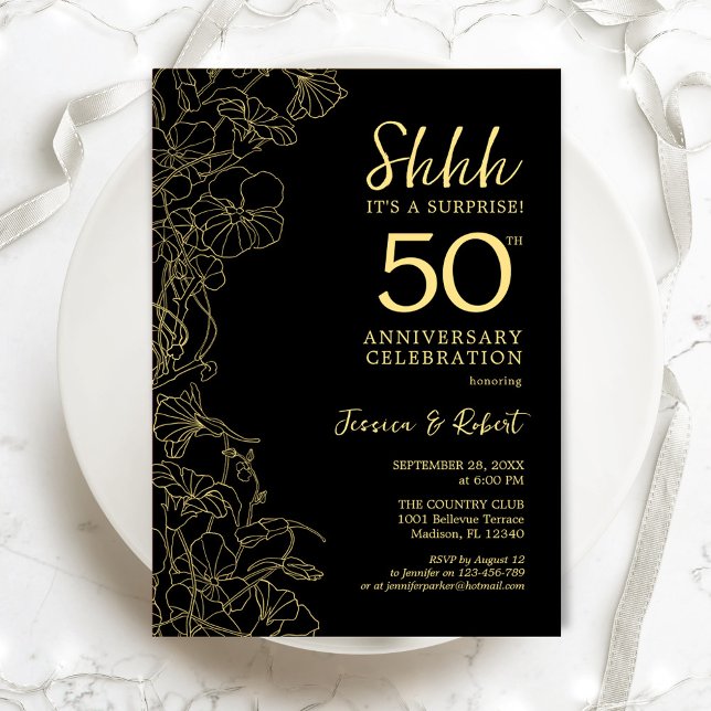 Invitación Black Gold Floral Surprise 50º aniversario (Subido por el creador)