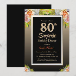 Invitación Black Gold Floral Surprise Cena de cumpleaños núme