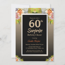 Invitación Black Gold Floral Surprise Cena de cumpleaños núme