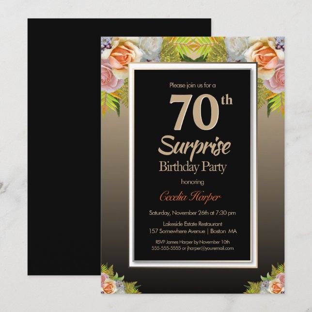 Invitación Black Gold Floral Surprise Fiesta de cumpleaños nú (Anverso / Reverso)