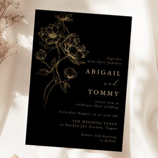Invitación Black, Gold Flowers Classic Modern Wedding