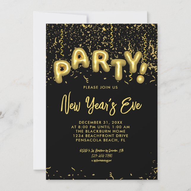 Invitación Black & Gold Foil Balloons New Year's Eve Party (Anverso)