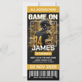 Invitación Black & Gold Football Ticket Birthday Invitation