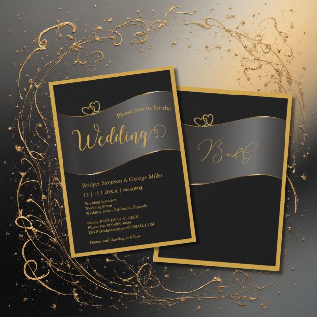 Invitación black gold frame monogram typography wedding (Subido por el creador)