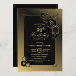 Invitación Black Gold Geometric 90th Birthday Party<br><div class="desc">Una moderna invitación geométrica en negro y oro enmarcada en la fiesta de cumpleaños número 90.</div>