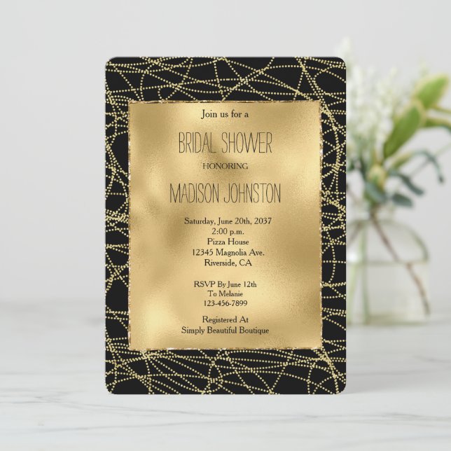 Invitación Black Gold Glam Confetti Resumen ducha de novia (Anverso de pie)