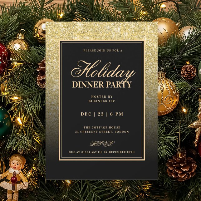 Invitación Black & Gold Glam FAUX Glitter Holiday Dinner  (Black & Gold Glam FAUX Glitter Holiday Dinner Invitation)