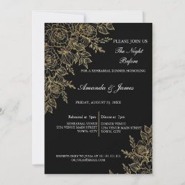 Invitación Black Gold Glitter Floral Photo Rehearsal Dinner 