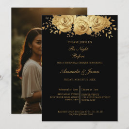Invitación Black Gold Glitter Floral Photo Rehearsal Dinner 