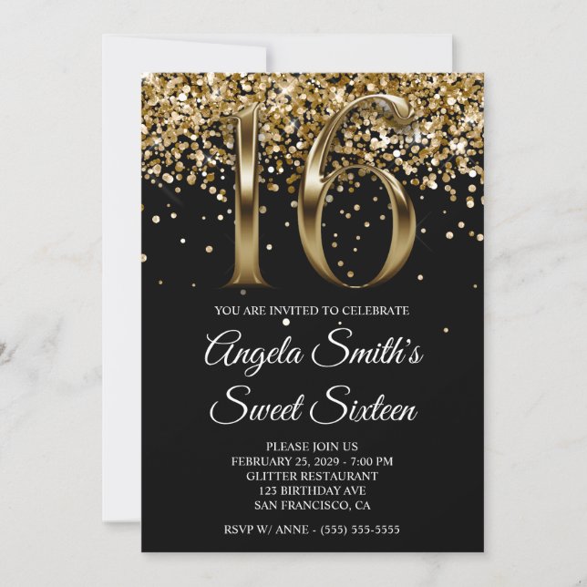 Invitación Black Gold Glitter Metallic Look Sweet 16 (Anverso)