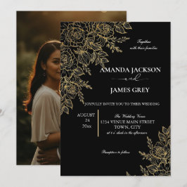Invitación Black Gold Glitter Photo Back Glam Wedding