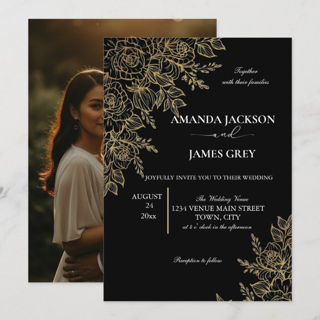 Invitación Black Gold Glitter Photo Back Glam Wedding (Anverso / Reverso)