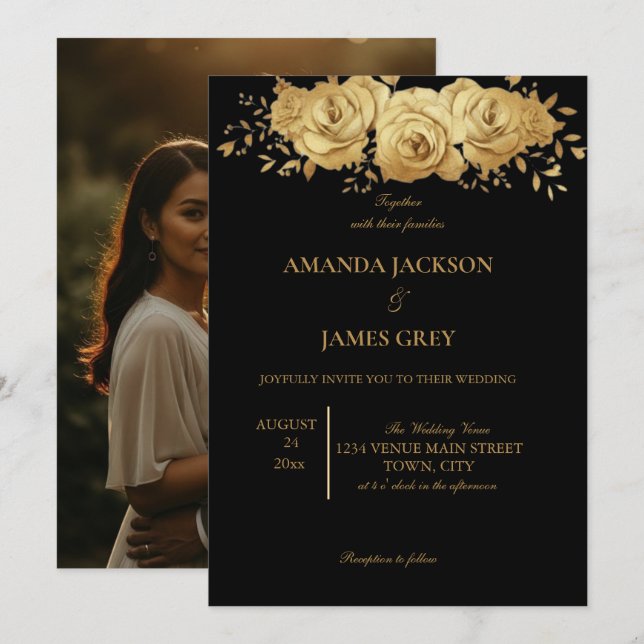 Invitación Black Gold Glitter Photo Back Glam Wedding  (Anverso / Reverso)