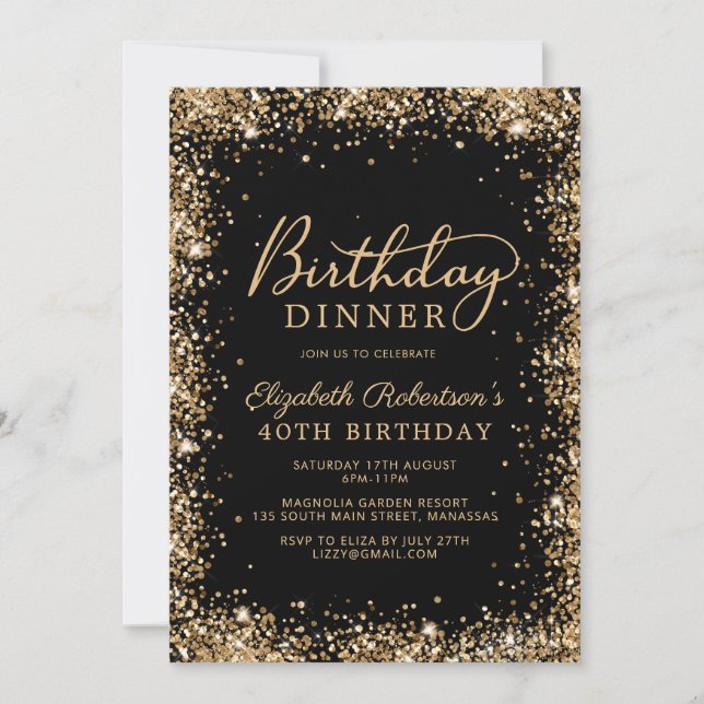 Invitación Black Gold Glitter Script 40th Birthday Dinner (Anverso)