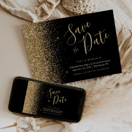 Invitación Black Gold Glitter Script Salva la Fecha