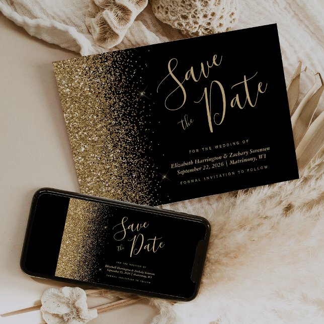Invitación Black Gold Glitter Script Salva la Fecha (Subido por el creador)