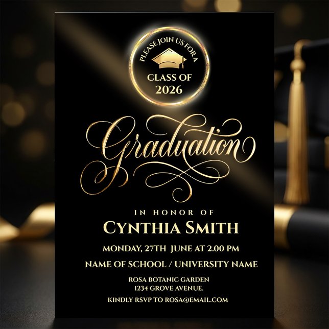 Invitación Black & Gold Graduation Invitation | Class of 2026 (#GraduationInvitation#ClassOf2026#GraduationParty#GraduationDesign#BlackAndGold#LuxuryInvitatio)