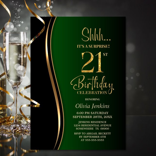 Invitación Black Gold Green Surprise 21ª cumpleaños (Subido por el creador)