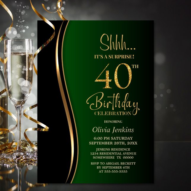 Invitación Black Gold Green Surprise 40 cumpleaños (Subido por el creador)