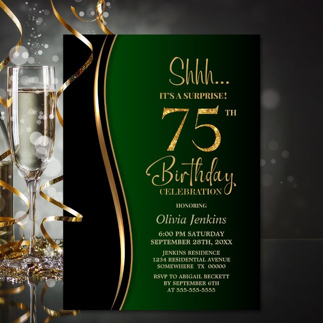 Invitación Black Gold Green Surprise 75º cumpleaños (Subido por el creador)