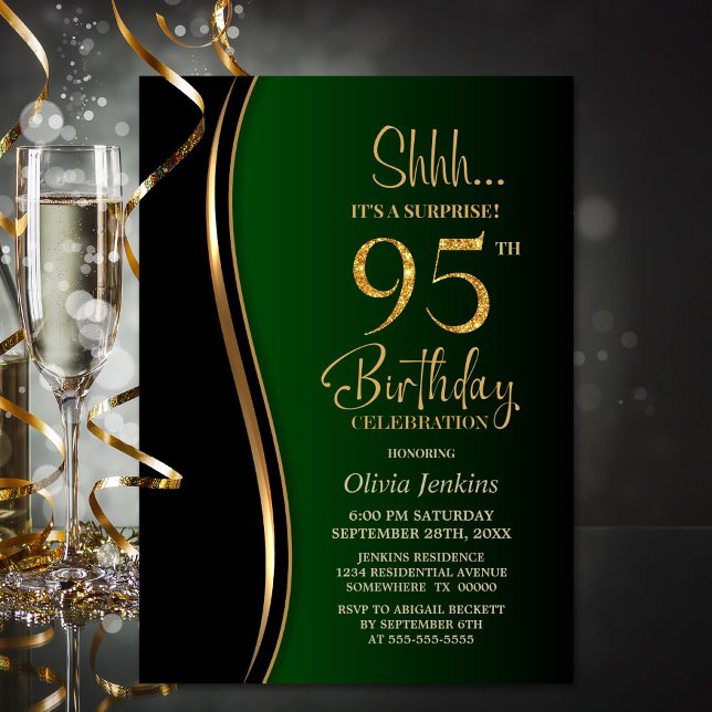 Invitación Black Gold Green Surprise 95º cumpleaños (Subido por el creador)