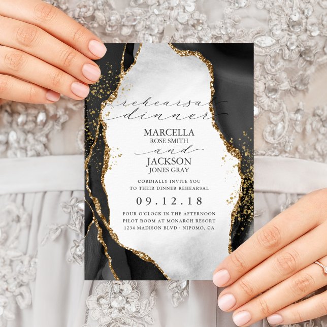 Invitación Black, Gold & Grey Mist Agate Wedding RSVP (Subido por el creador)