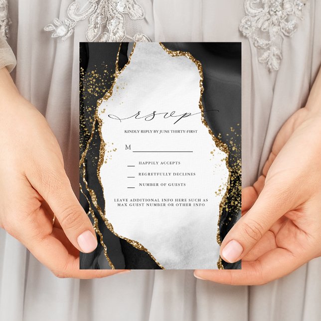 Invitación Black, Gold & Grey Mist Agate Wedding RSVP (Subido por el creador)