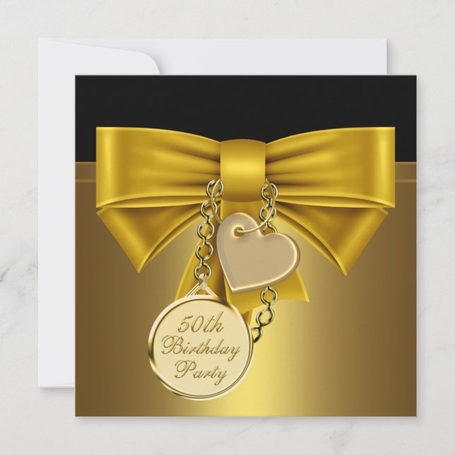 Invitación Black Gold Heart Bow Womans 50th Birthday Party (Anverso)